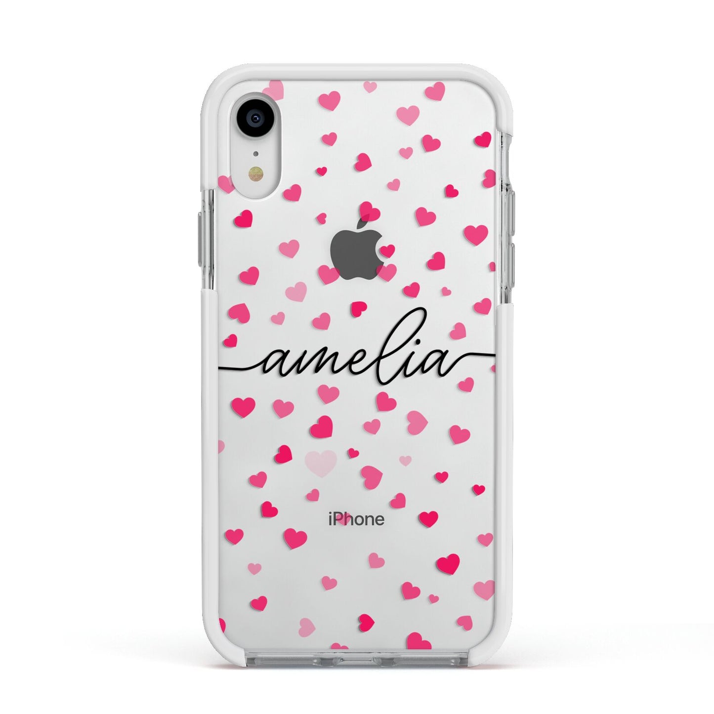 Personalised Love Hearts Clear Black Name Apple iPhone XR Impact Case White Edge on Silver Phone