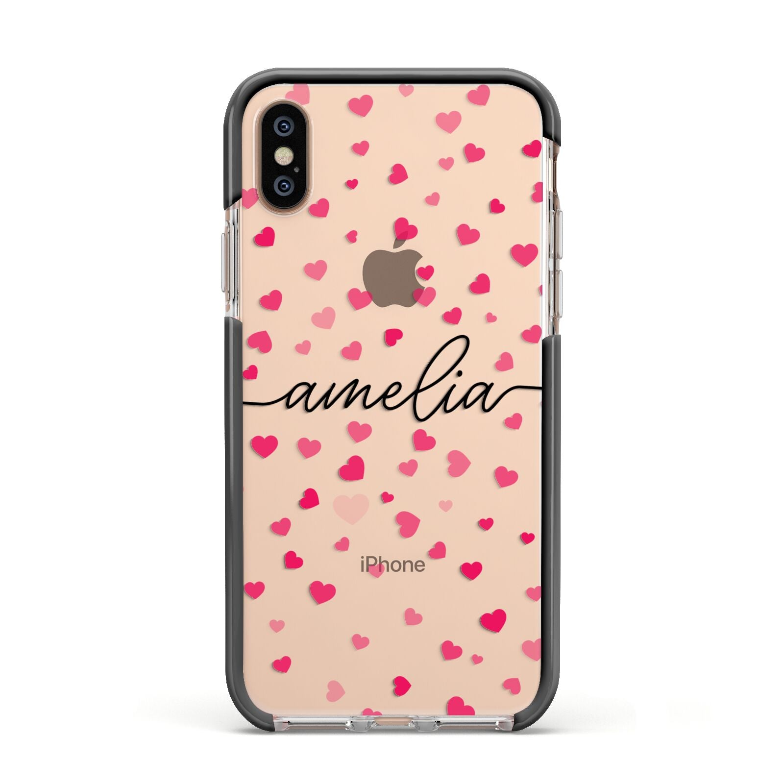 Personalised Love Hearts Clear Black Name Apple iPhone Xs Impact Case Black Edge on Gold Phone