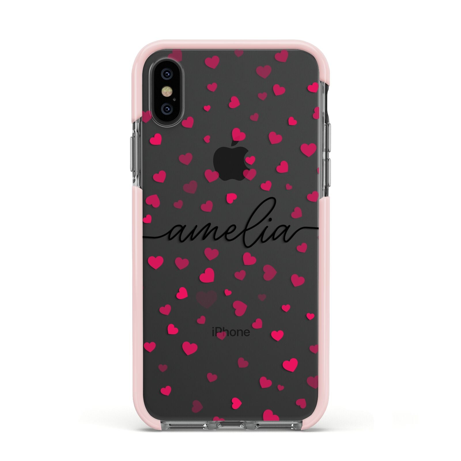 Personalised Love Hearts Clear Black Name Apple iPhone Xs Impact Case Pink Edge on Black Phone