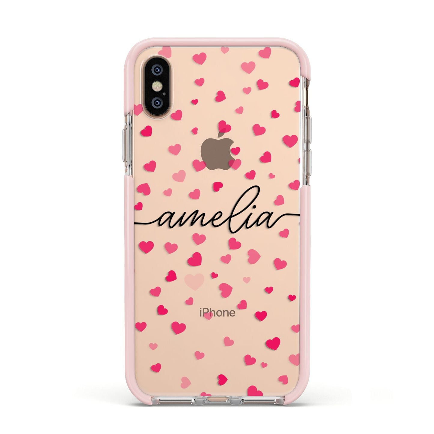 Personalised Love Hearts Clear Black Name Apple iPhone Xs Impact Case Pink Edge on Gold Phone