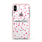 Personalised Love Hearts Clear Black Name Apple iPhone Xs Impact Case Pink Edge on Silver Phone