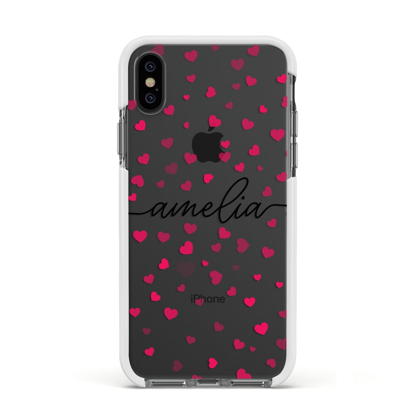 Personalised Love Hearts Clear Black Name Apple iPhone Xs Impact Case White Edge on Black Phone