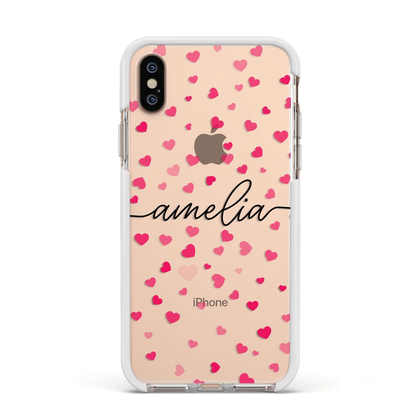 Personalised Love Hearts Clear Black Name Apple iPhone Xs Impact Case White Edge on Gold Phone