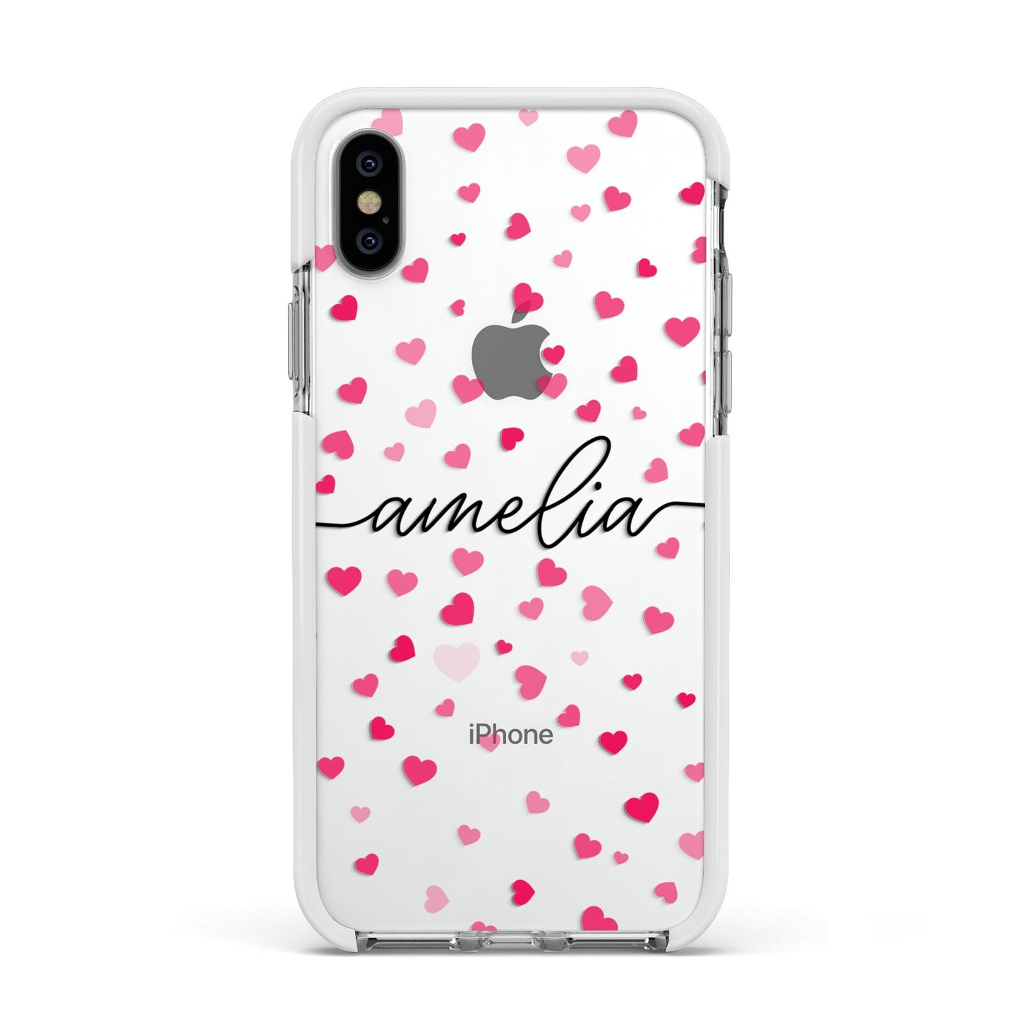 Personalised Love Hearts Clear Black Name Apple iPhone Xs Impact Case White Edge on Silver Phone