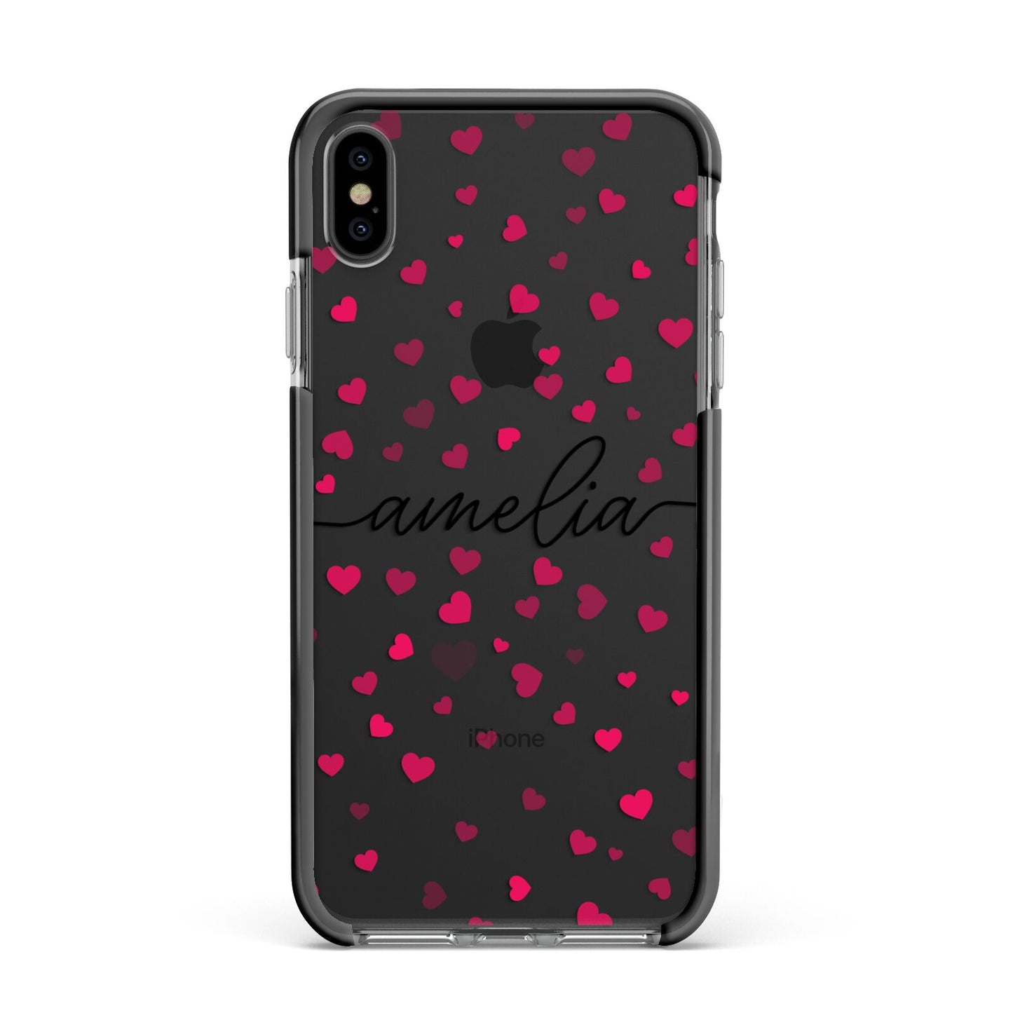 Personalised Love Hearts Clear Black Name Apple iPhone Xs Max Impact Case Black Edge on Black Phone