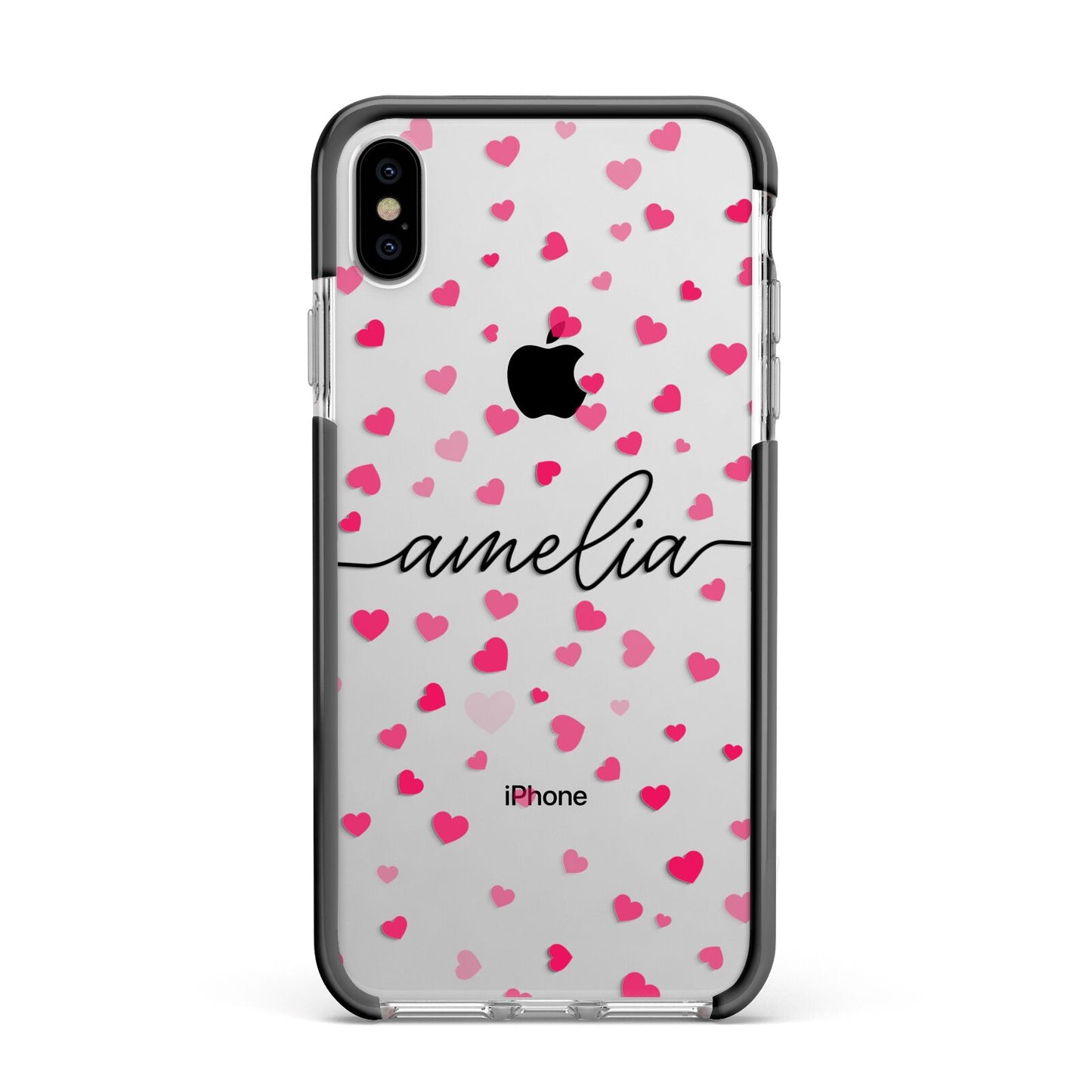 Personalised Love Hearts Clear Black Name Apple iPhone Xs Max Impact Case Black Edge on Silver Phone