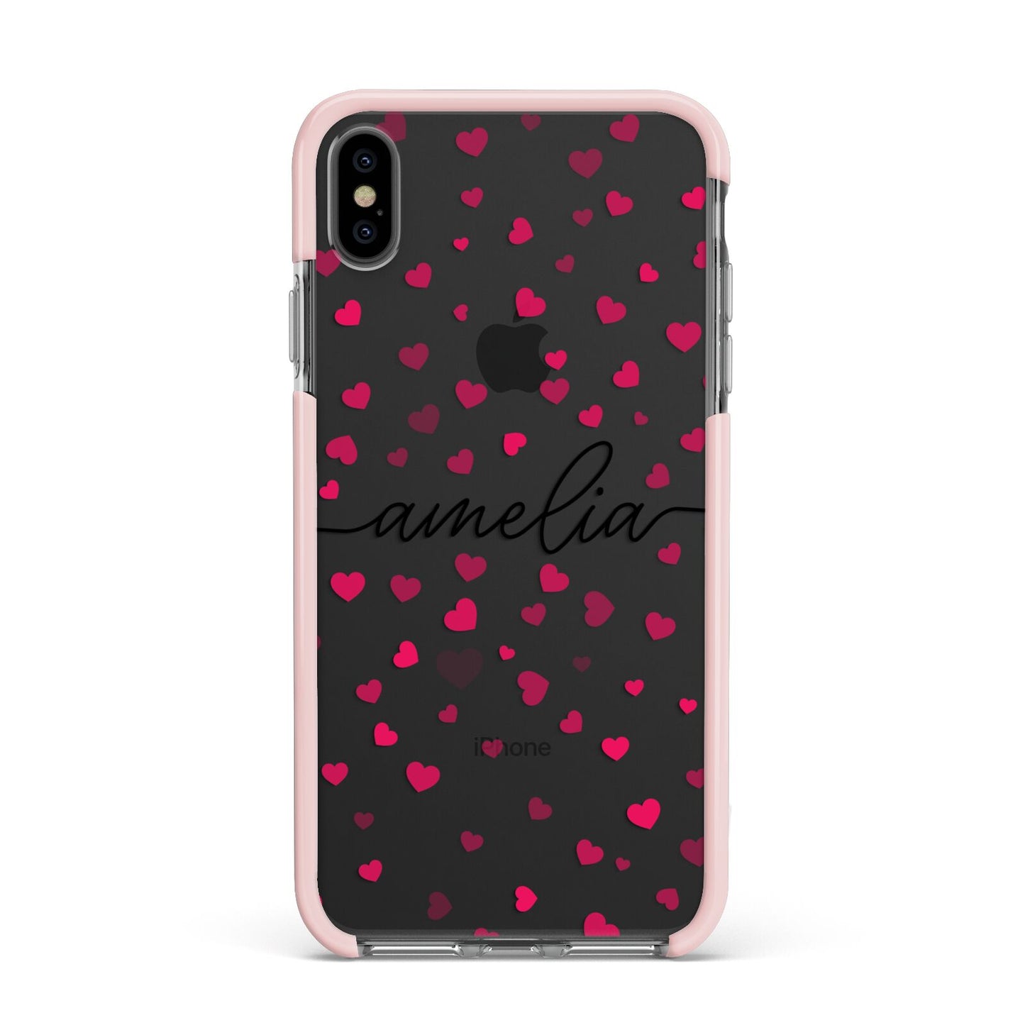 Personalised Love Hearts Clear Black Name Apple iPhone Xs Max Impact Case Pink Edge on Black Phone
