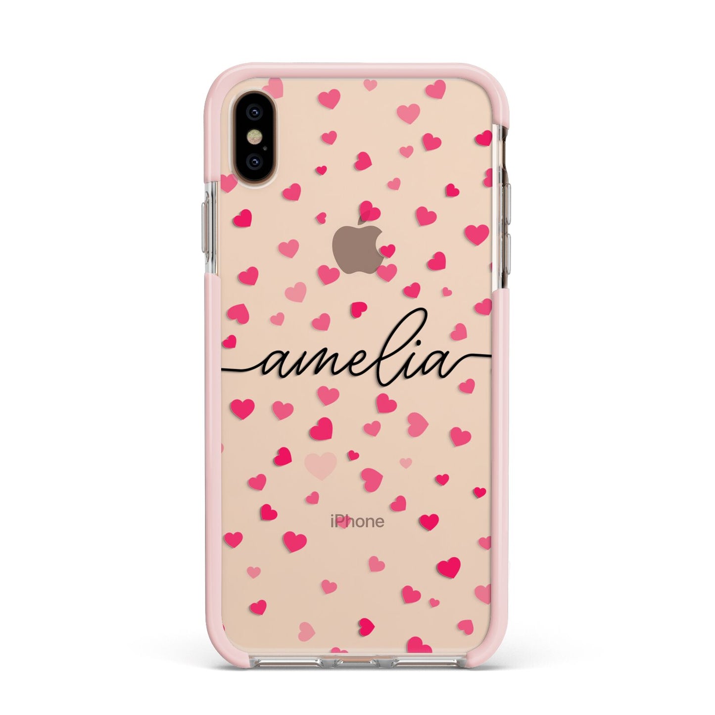 Personalised Love Hearts Clear Black Name Apple iPhone Xs Max Impact Case Pink Edge on Gold Phone