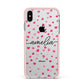 Personalised Love Hearts Clear Black Name Apple iPhone Xs Max Impact Case Pink Edge on Silver Phone