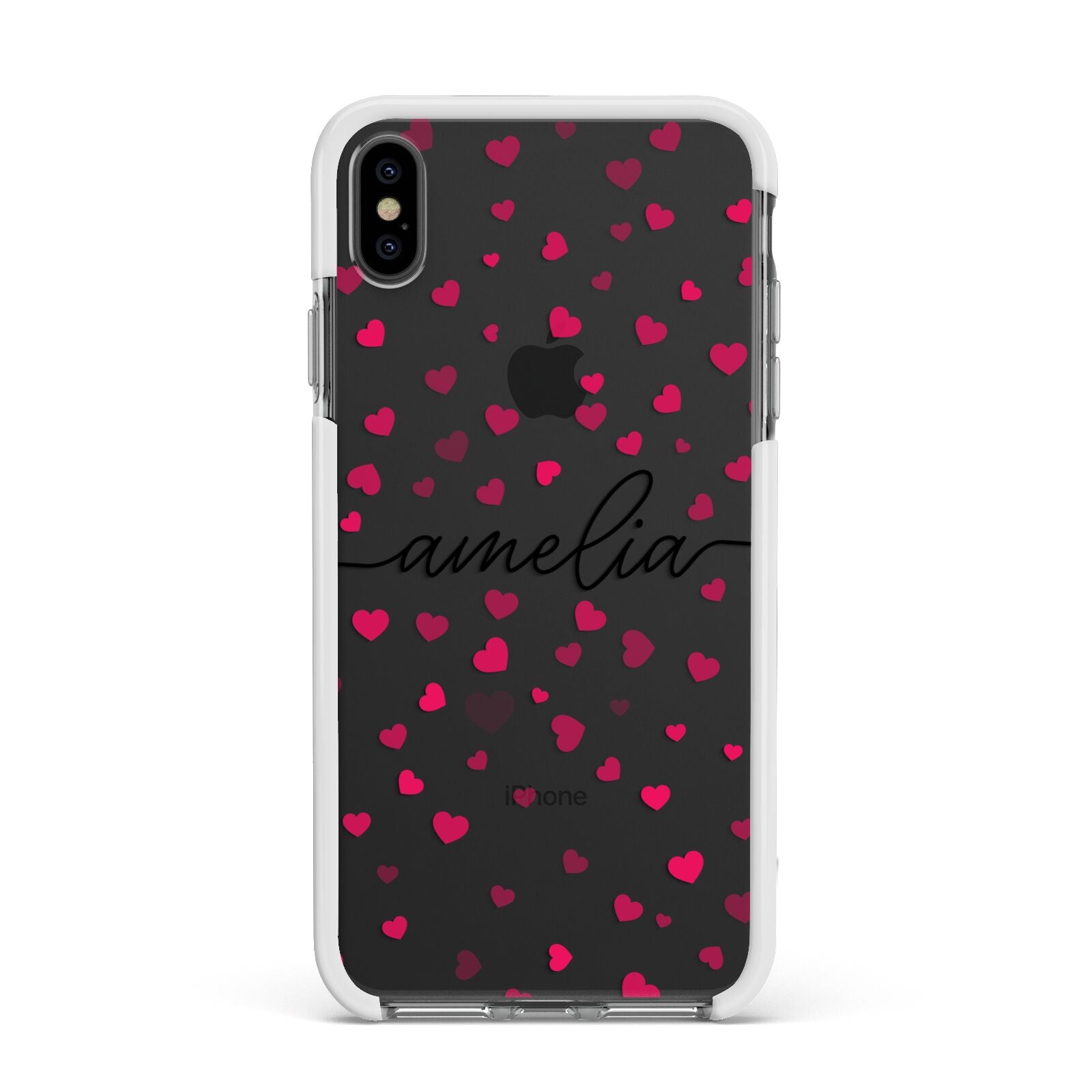 Personalised Love Hearts Clear Black Name Apple iPhone Xs Max Impact Case White Edge on Black Phone