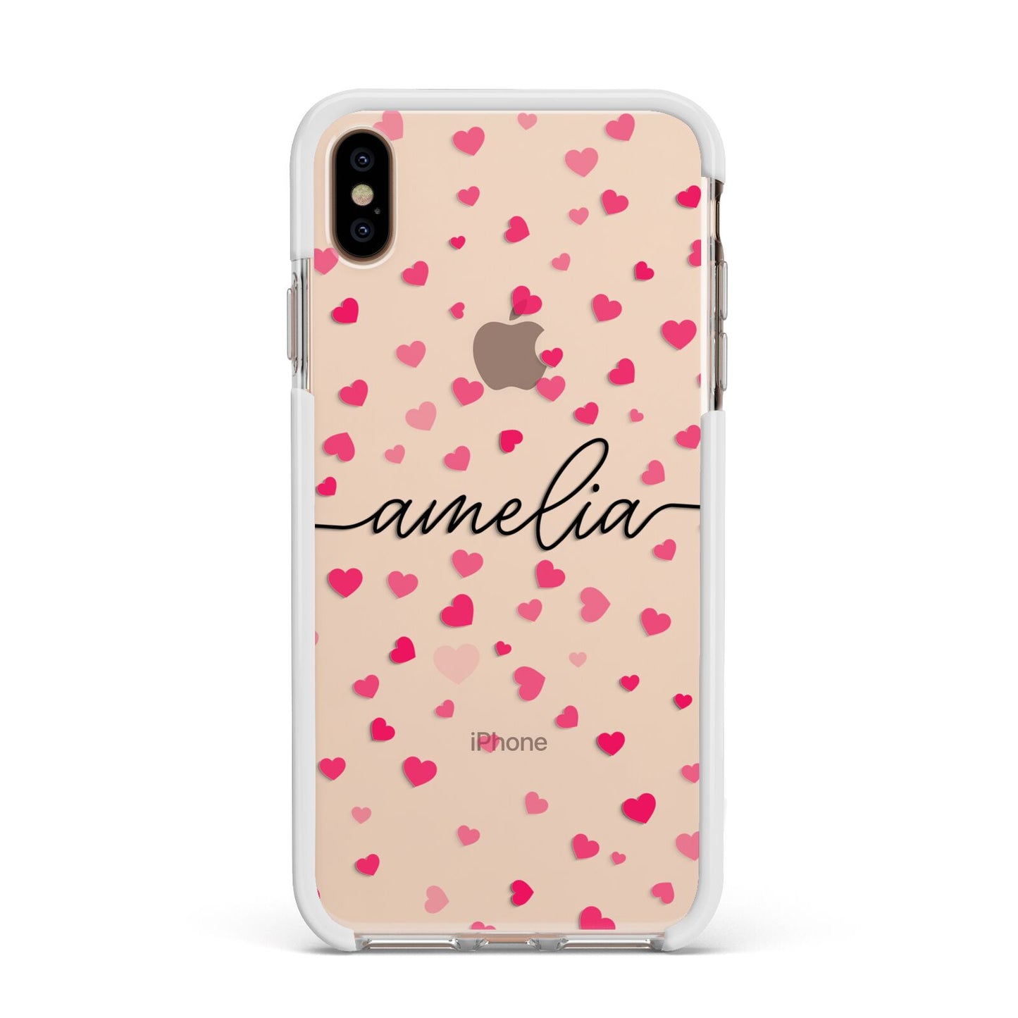Personalised Love Hearts Clear Black Name Apple iPhone Xs Max Impact Case White Edge on Gold Phone