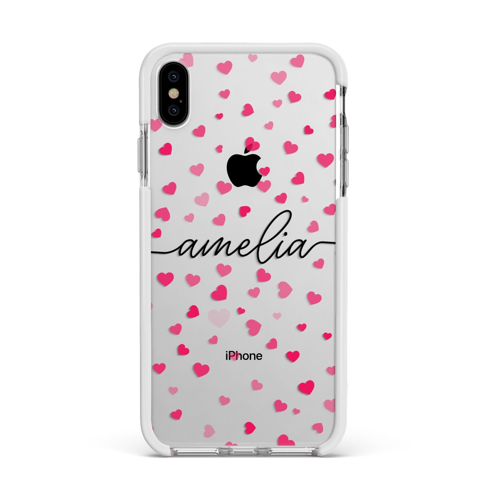Personalised Love Hearts Clear Black Name Apple iPhone Xs Max Impact Case White Edge on Silver Phone