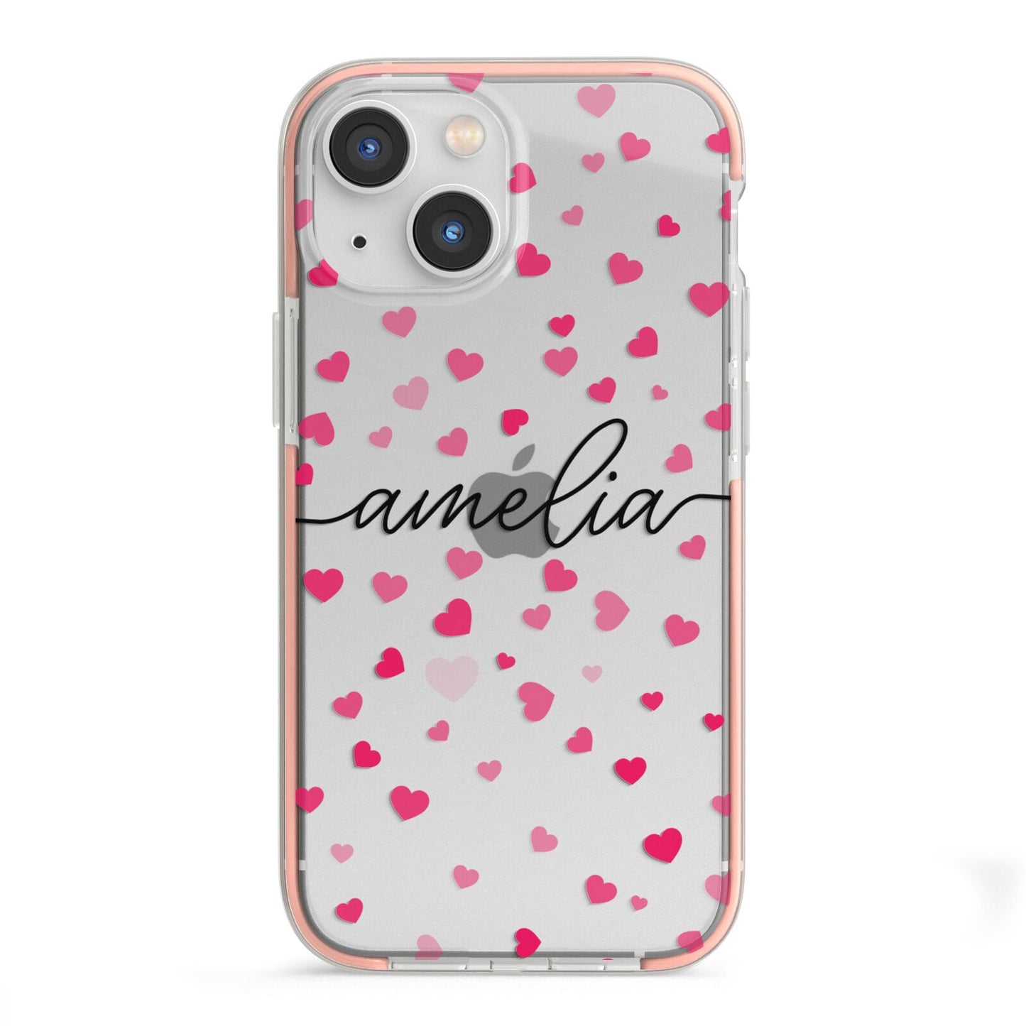 Personalised Love Hearts Clear Black Name iPhone 13 Mini TPU Impact Case with Pink Edges