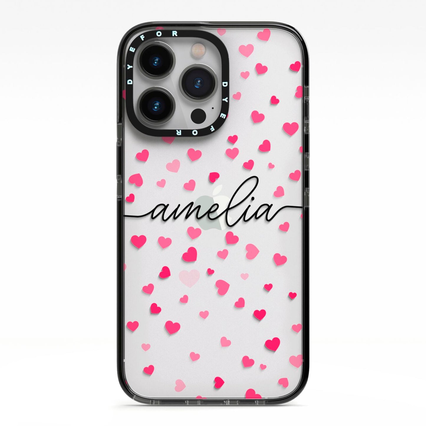 Personalised Love Hearts Clear Black Name iPhone 13 Pro Black Impact Case on Silver phone
