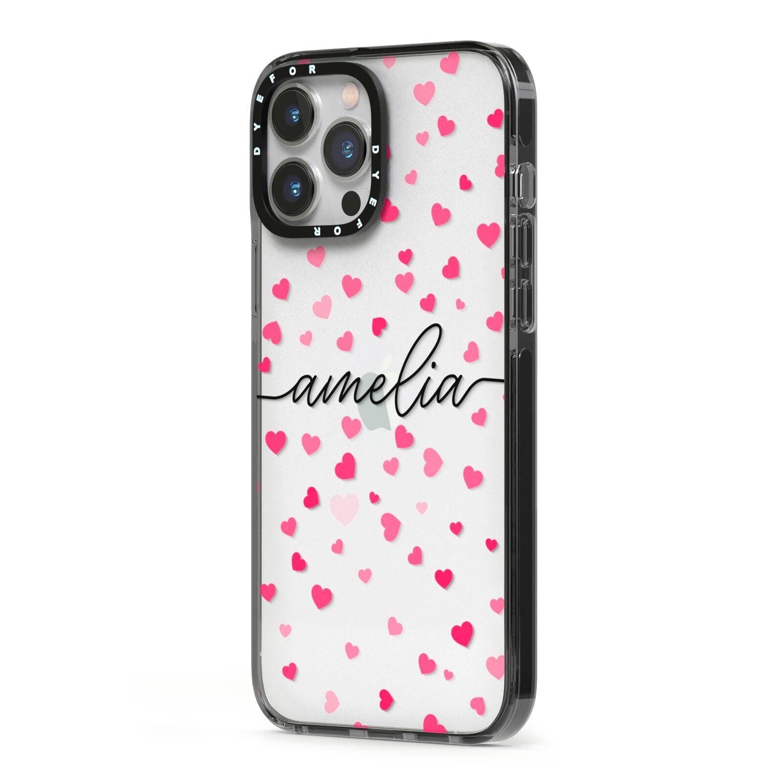 Personalised Love Hearts Clear Black Name iPhone 13 Pro Max Black Impact Case Side Angle on Silver phone