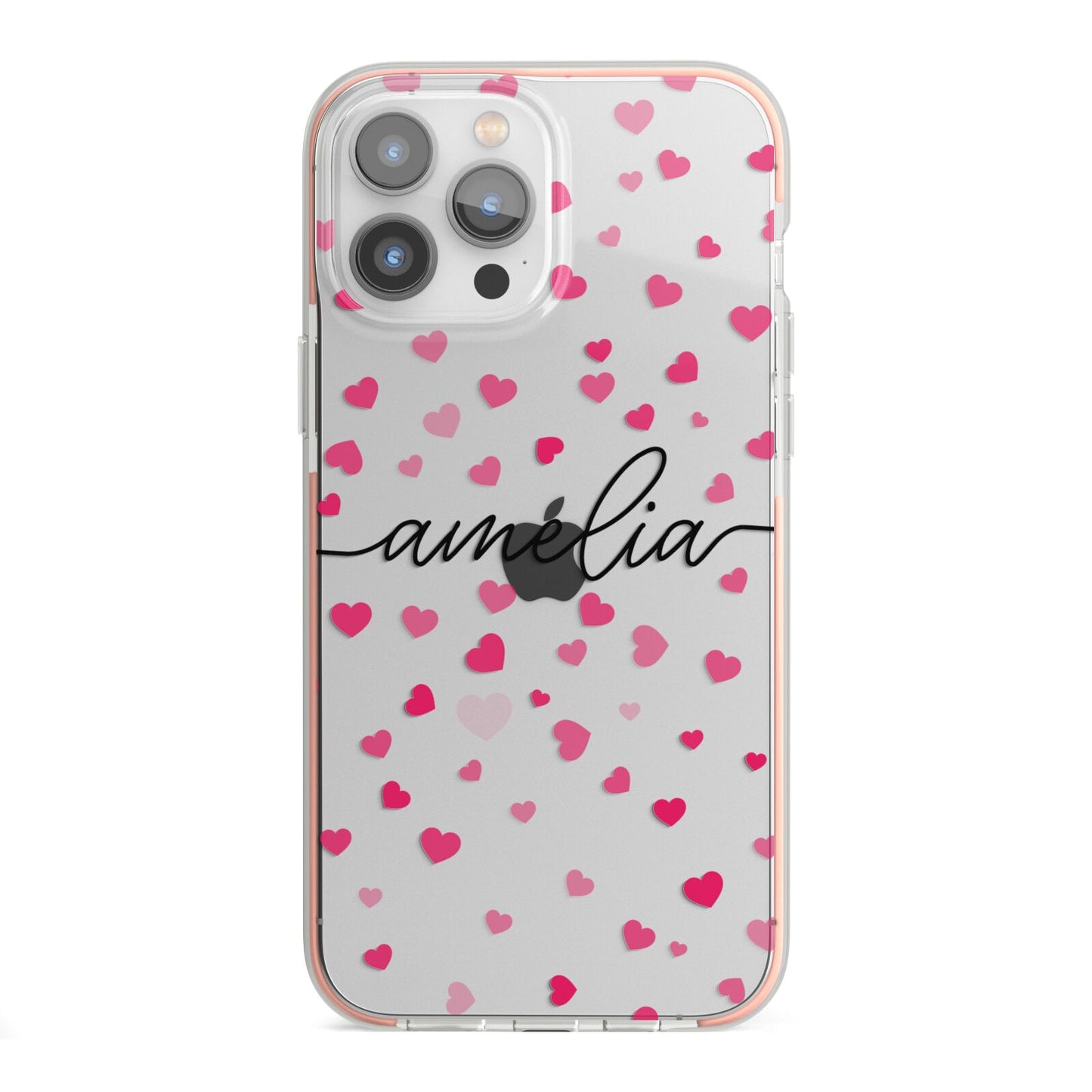 Personalised Love Hearts Clear Black Name iPhone 13 Pro Max TPU Impact Case with Pink Edges