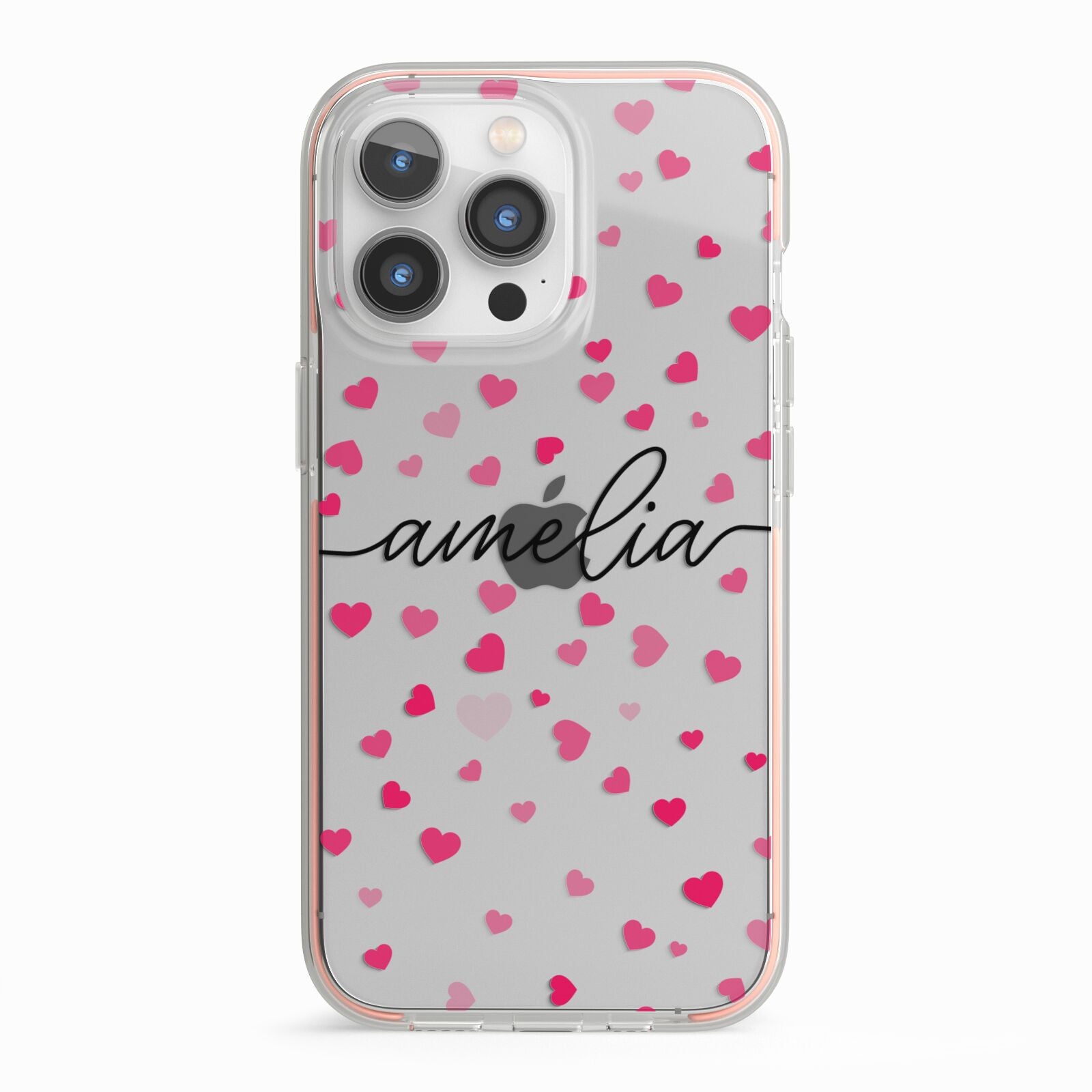 Personalised Love Hearts Clear Black Name iPhone 13 Pro TPU Impact Case with Pink Edges