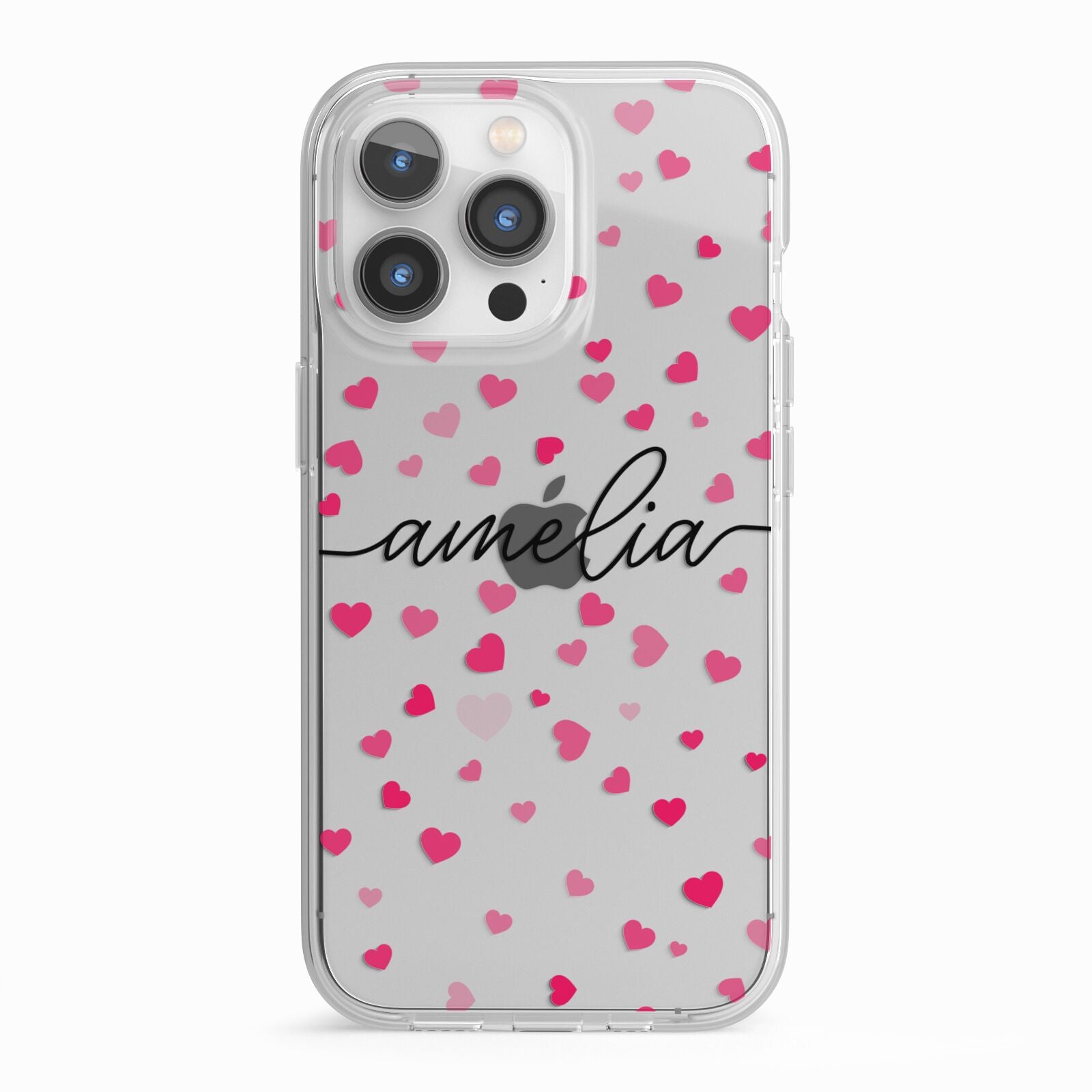 Personalised Love Hearts Clear Black Name iPhone 13 Pro TPU Impact Case with White Edges