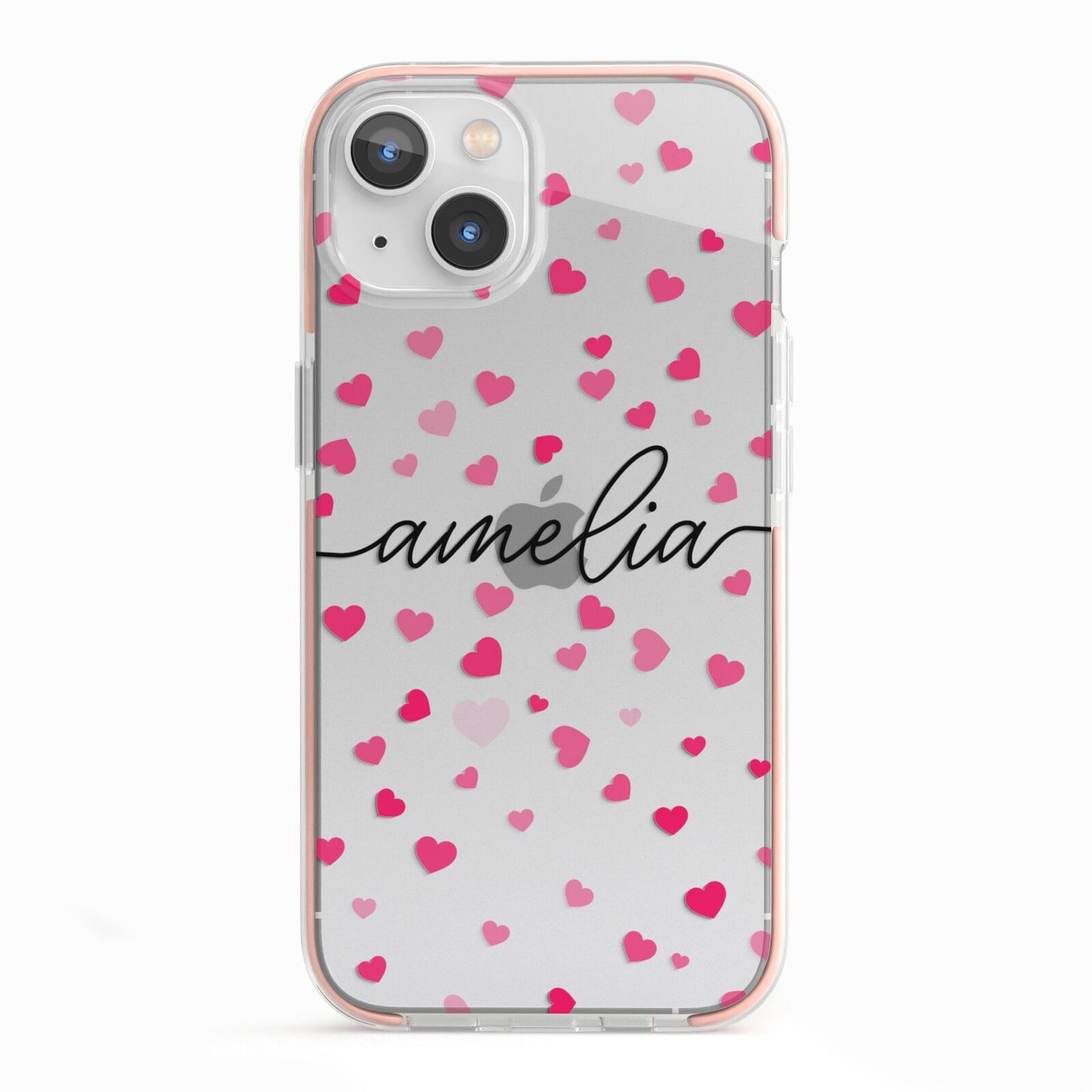 Personalised Love Hearts Clear Black Name iPhone 13 TPU Impact Case with Pink Edges