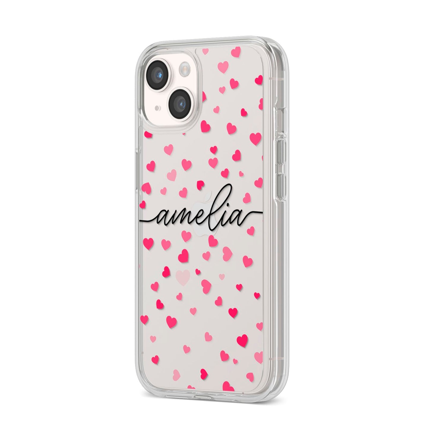 Personalised Love Hearts Clear Black Name iPhone 14 Clear Tough Case Starlight Angled Image