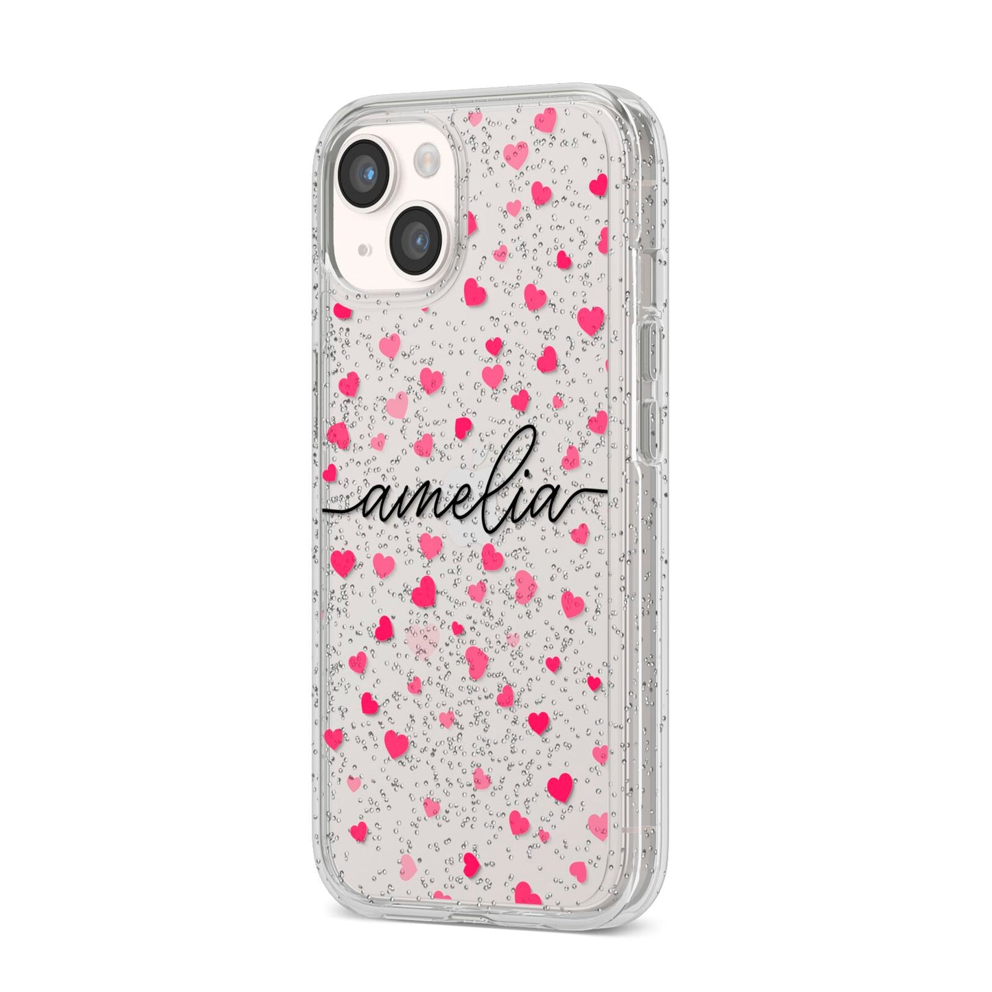 Personalised Love Hearts Clear Black Name iPhone 14 Glitter Tough Case Starlight Angled Image