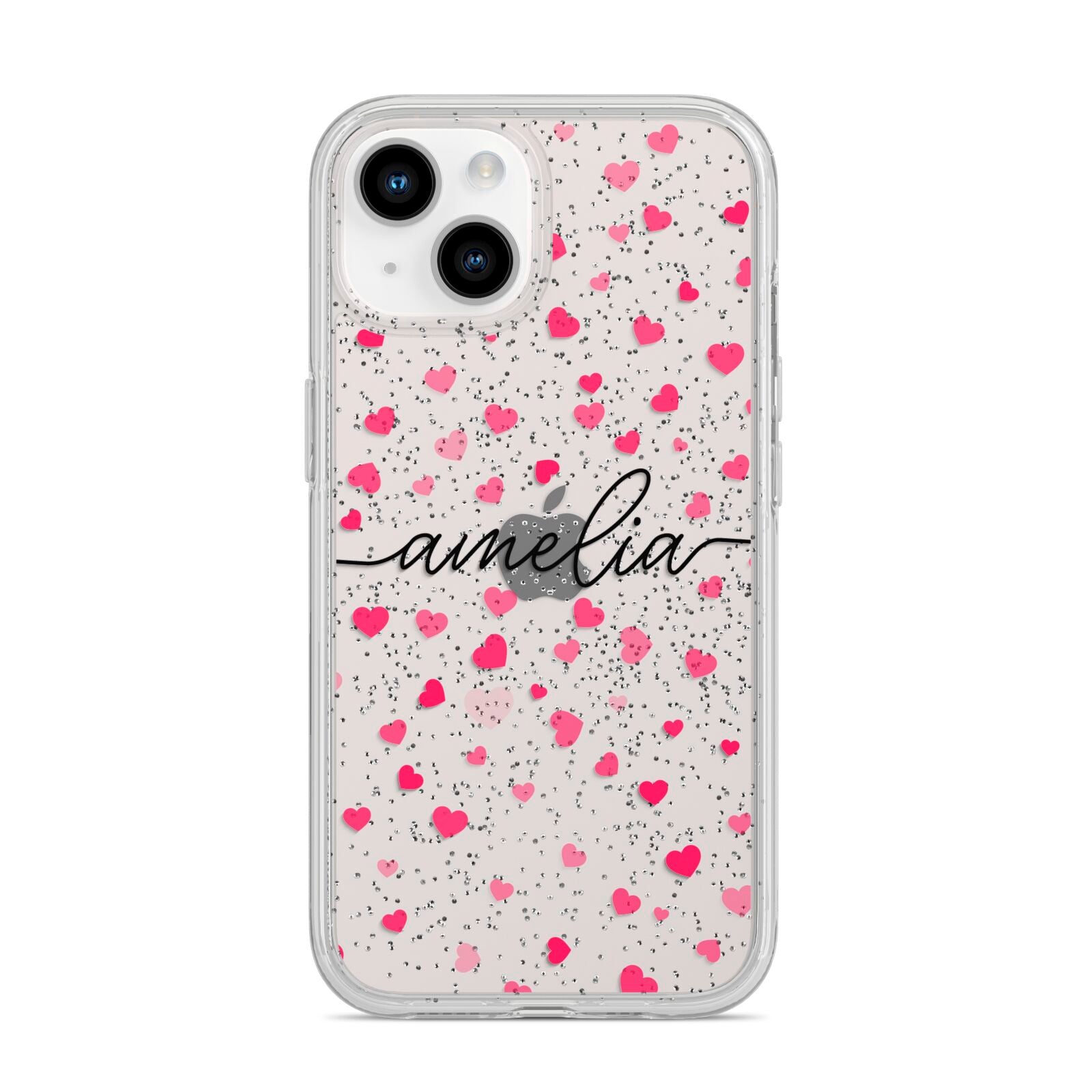 Personalised Love Hearts Clear Black Name iPhone 14 Glitter Tough Case Starlight