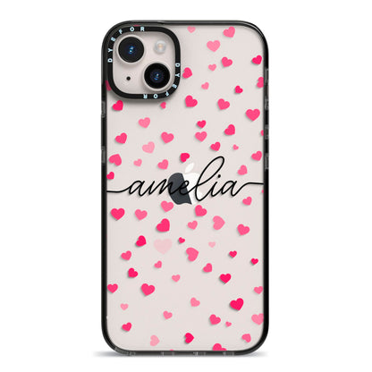Personalised Love Hearts Clear Black Name iPhone 14 Plus Black Impact Case on Silver phone