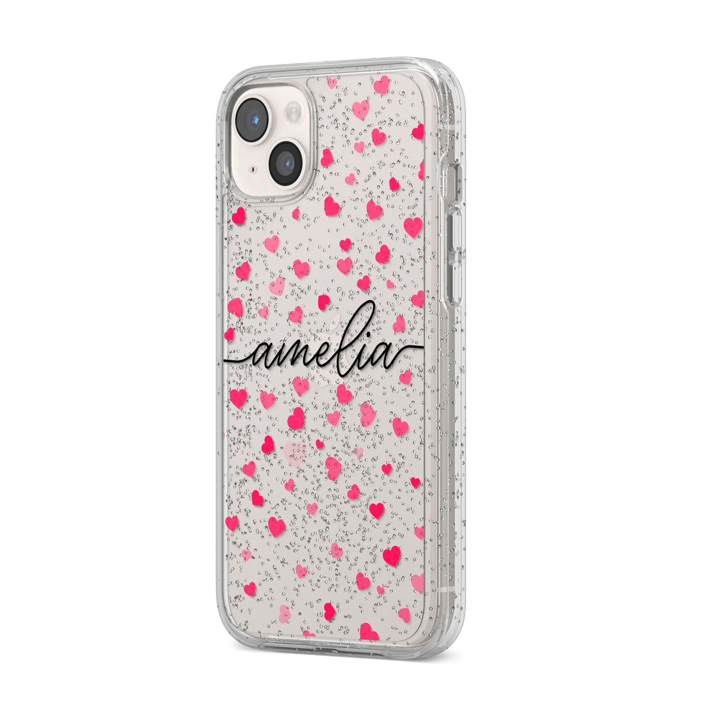 Personalised Love Hearts Clear Black Name iPhone 14 Plus Glitter Tough Case Starlight Angled Image