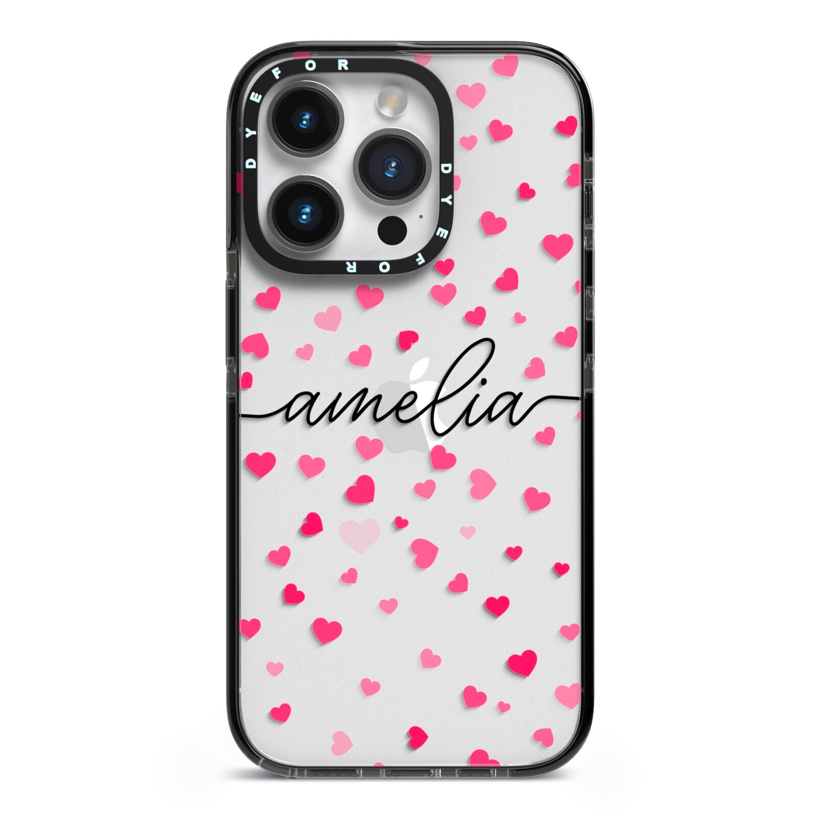 Personalised Love Hearts Clear Black Name iPhone 14 Pro Black Impact Case on Silver phone