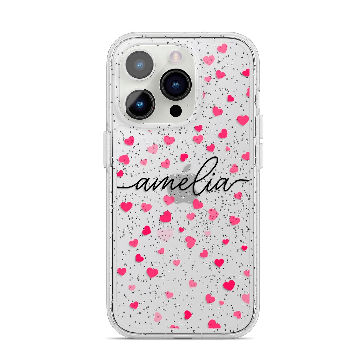 Personalised Love Hearts Clear Black Name iPhone 14 Pro Glitter Tough Case Silver