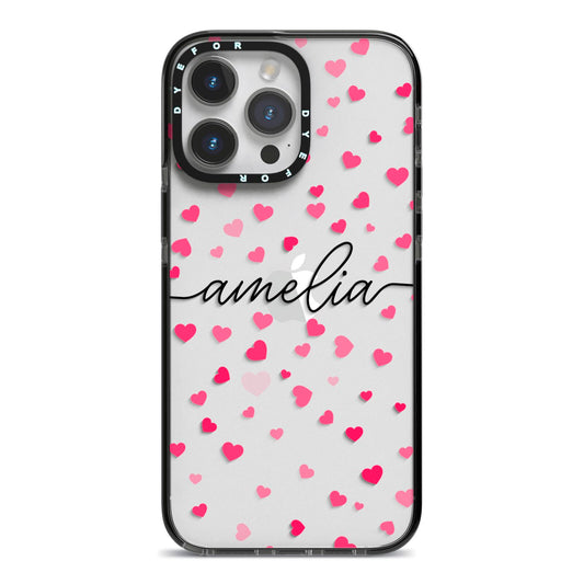 Personalised Love Hearts Clear Black Name iPhone 14 Pro Max Black Impact Case on Silver phone