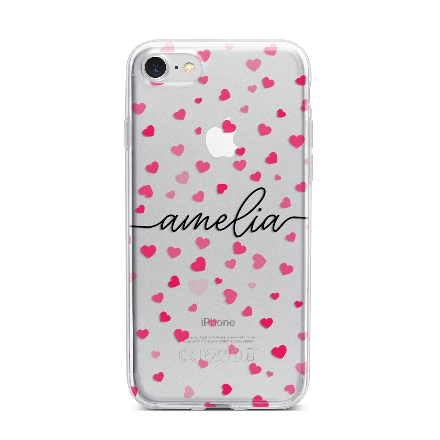 Personalised Love Hearts Clear Black Name iPhone 7 Bumper Case on Silver iPhone