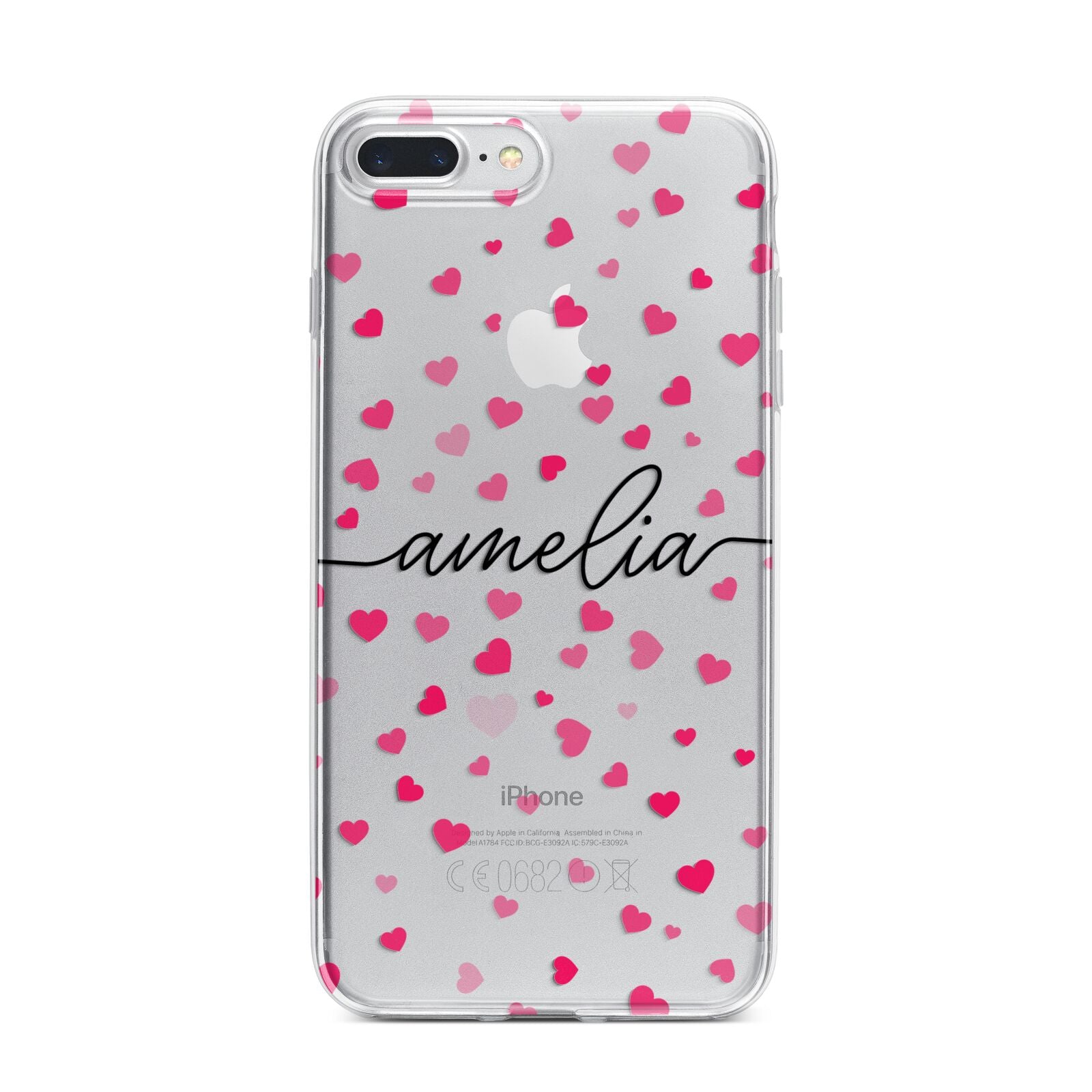 Personalised Love Hearts Clear Black Name iPhone 7 Plus Bumper Case on Silver iPhone