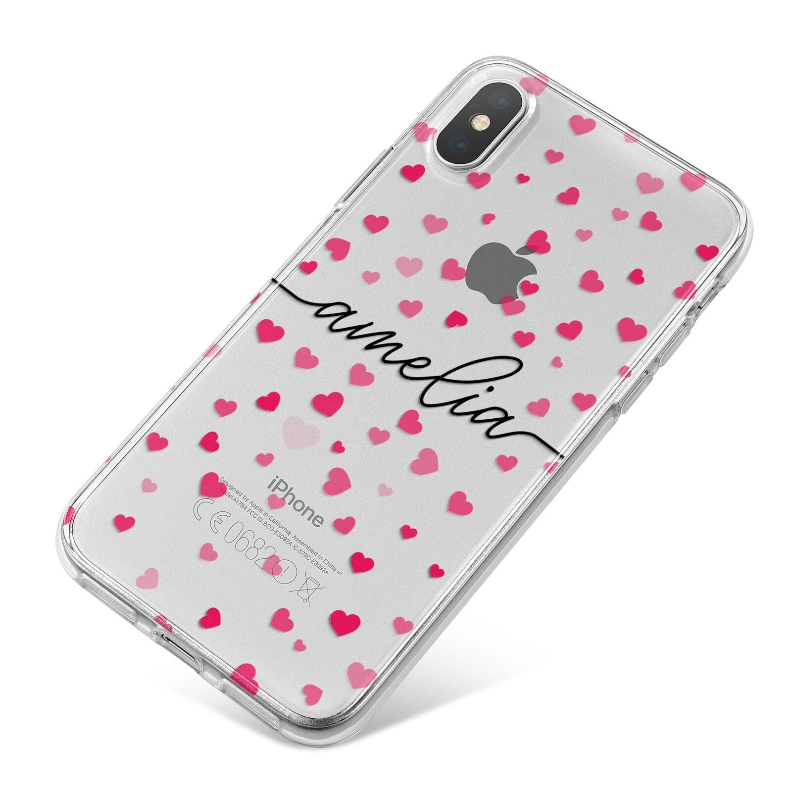 Personalised Love Hearts Clear Black Name iPhone X Bumper Case on Silver iPhone