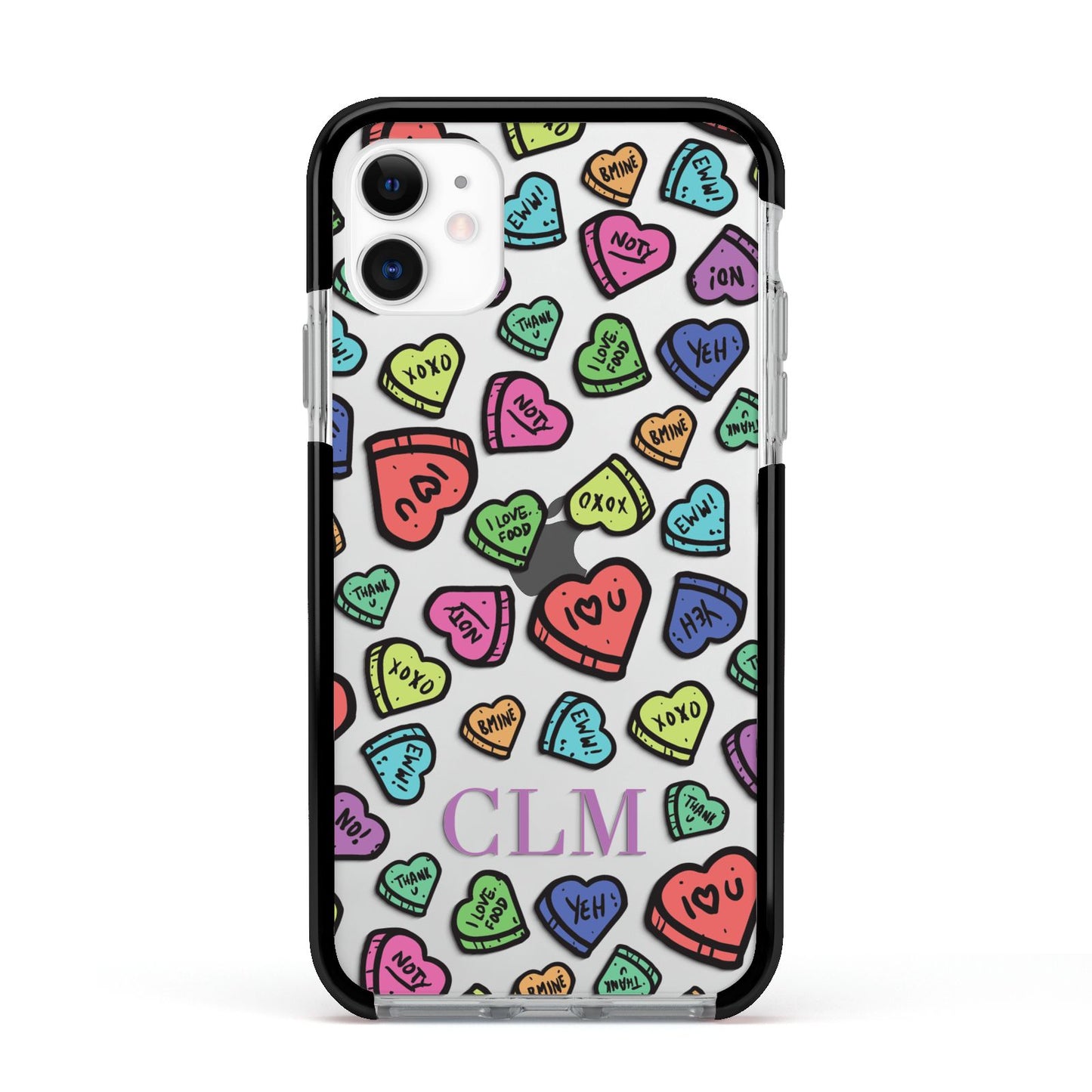 Personalised Love Hearts Initials Apple iPhone 11 in White with Black Impact Case