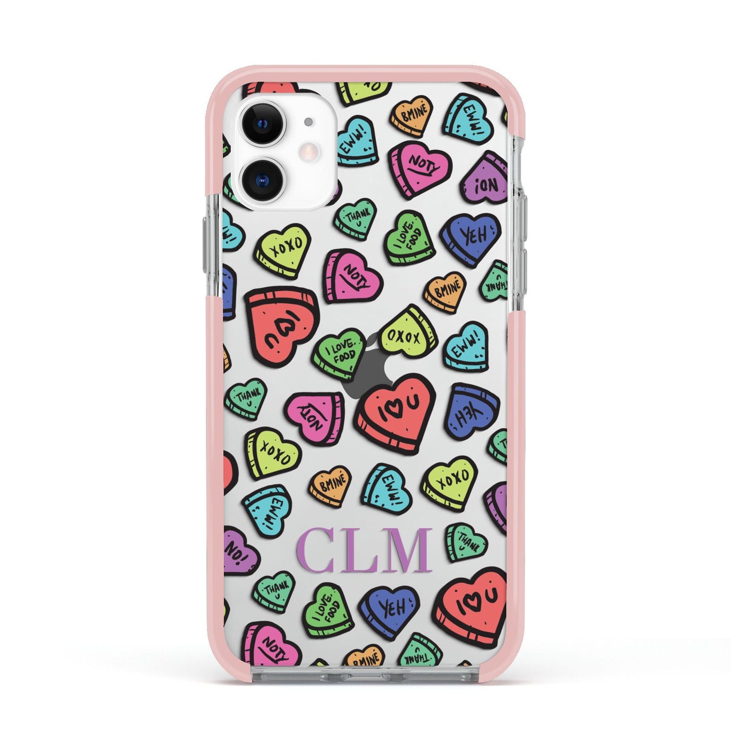 Personalised Love Hearts Initials Apple iPhone 11 in White with Pink Impact Case