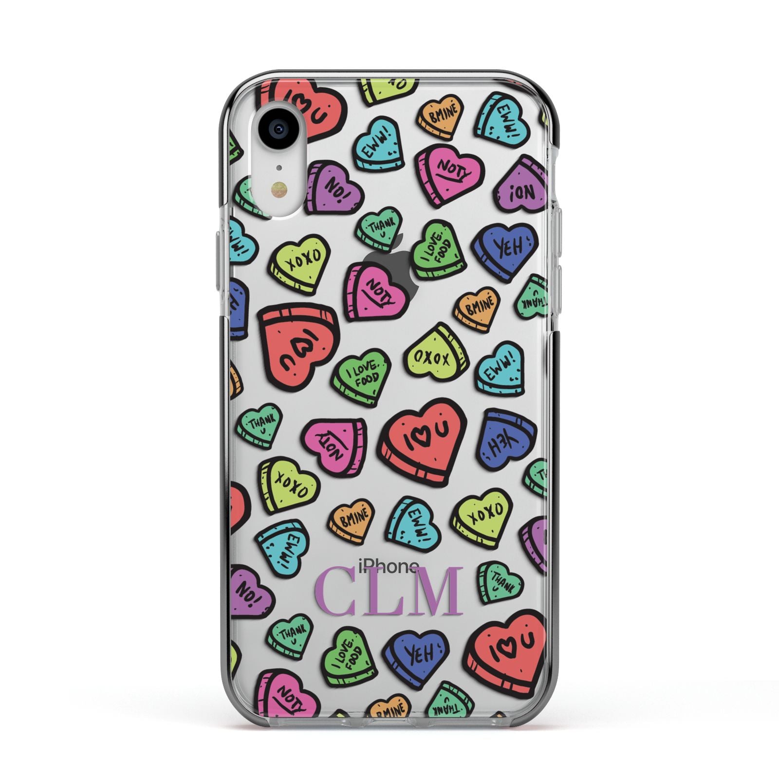Personalised Love Hearts Initials Apple iPhone XR Impact Case Black Edge on Silver Phone
