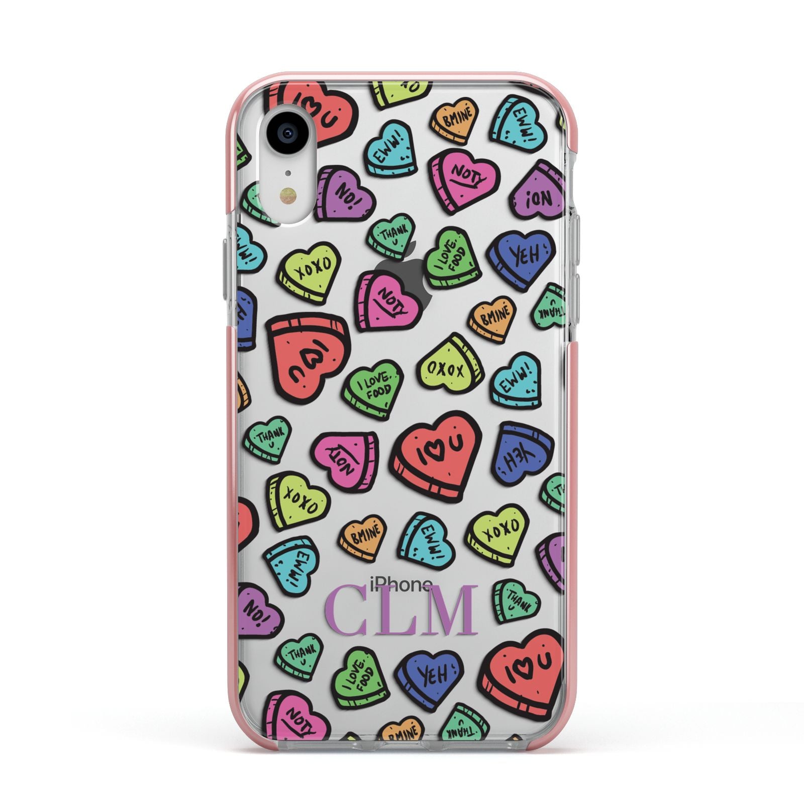 Personalised Love Hearts Initials Apple iPhone XR Impact Case Pink Edge on Silver Phone