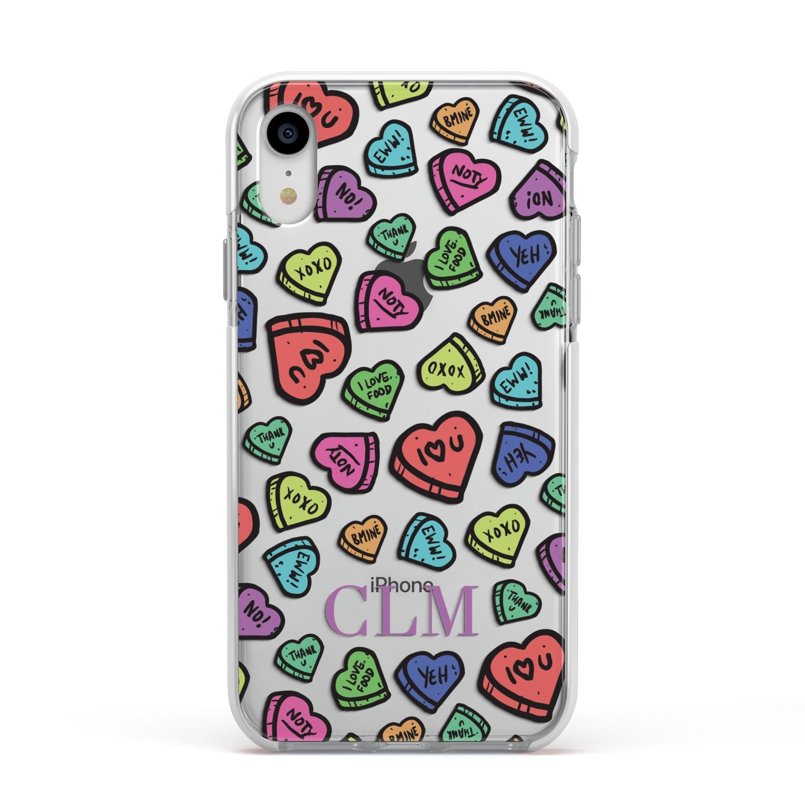 Personalised Love Hearts Initials Apple iPhone XR Impact Case White Edge on Silver Phone