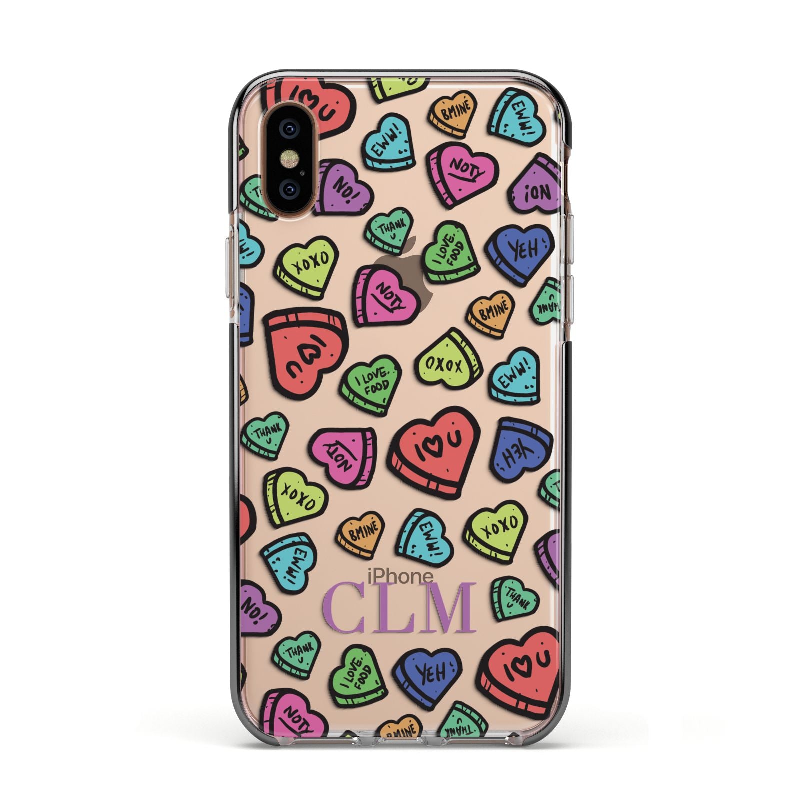 Personalised Love Hearts Initials Apple iPhone Xs Impact Case Black Edge on Gold Phone