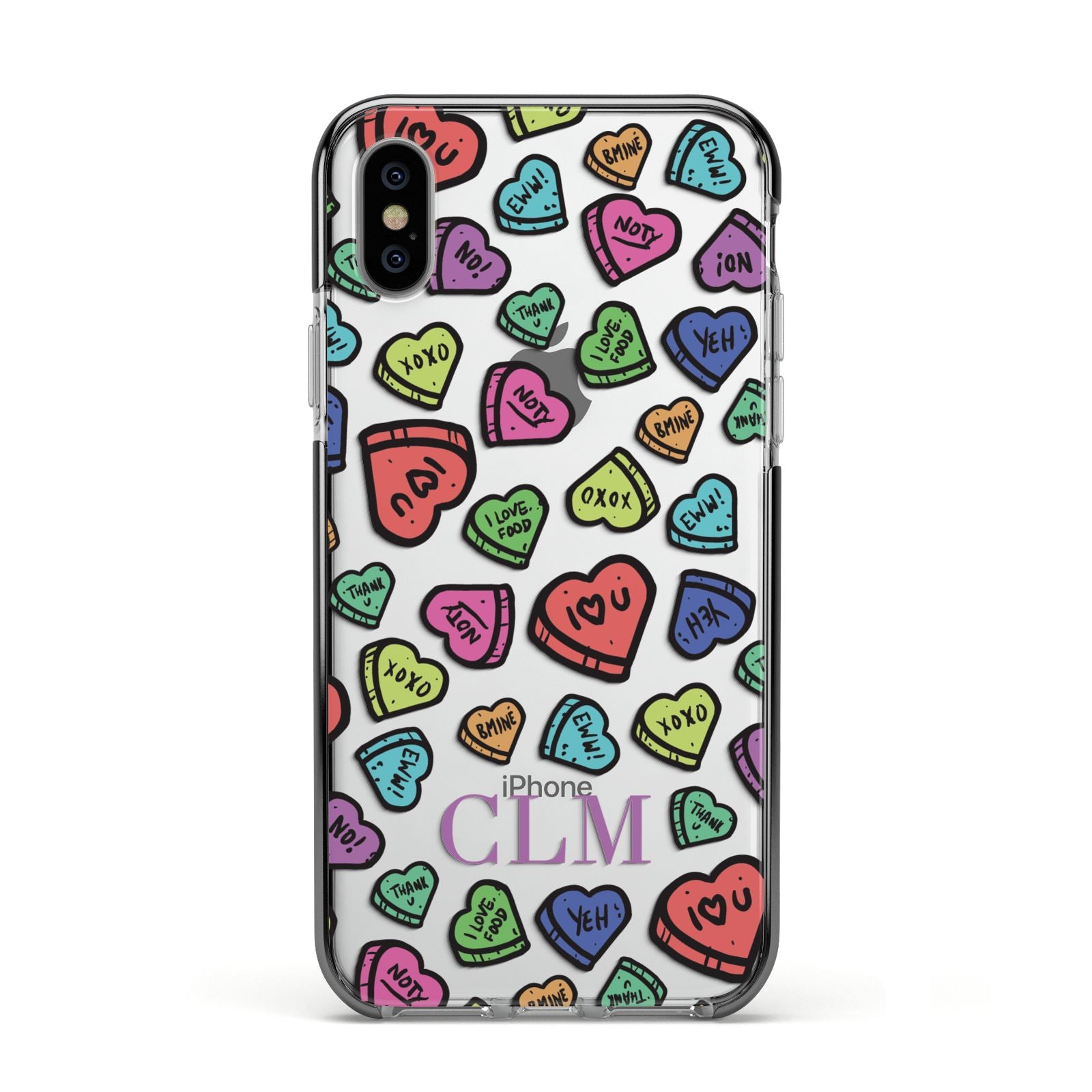 Personalised Love Hearts Initials Apple iPhone Xs Impact Case Black Edge on Silver Phone