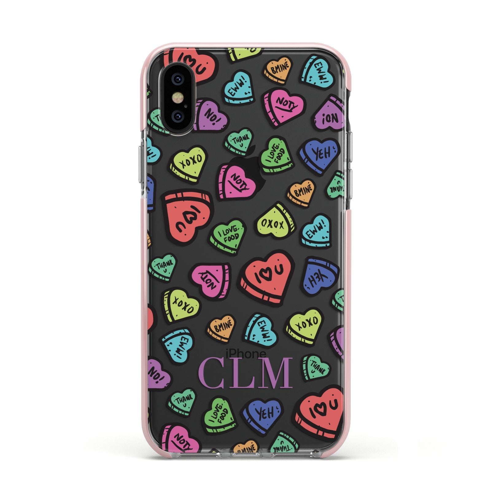 Personalised Love Hearts Initials Apple iPhone Xs Impact Case Pink Edge on Black Phone