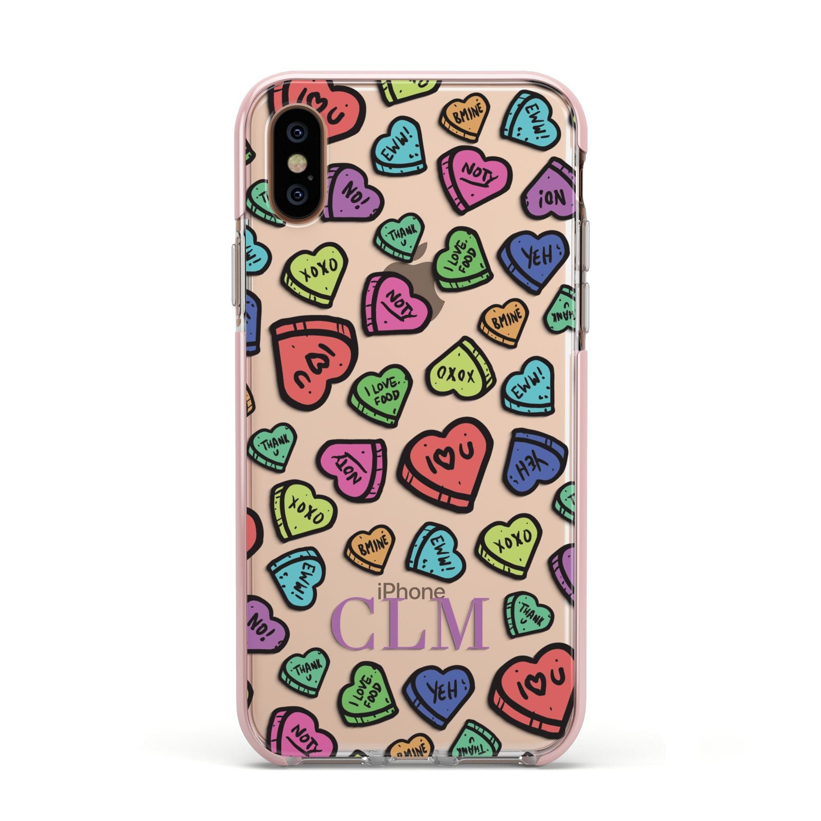 Personalised Love Hearts Initials Apple iPhone Xs Impact Case Pink Edge on Gold Phone