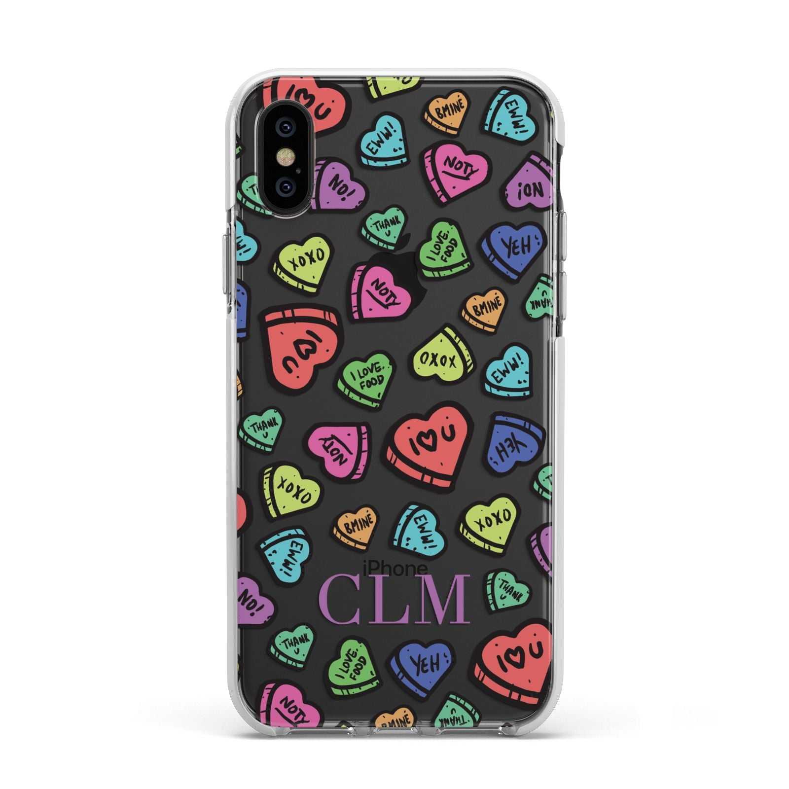 Personalised Love Hearts Initials Apple iPhone Xs Impact Case White Edge on Black Phone