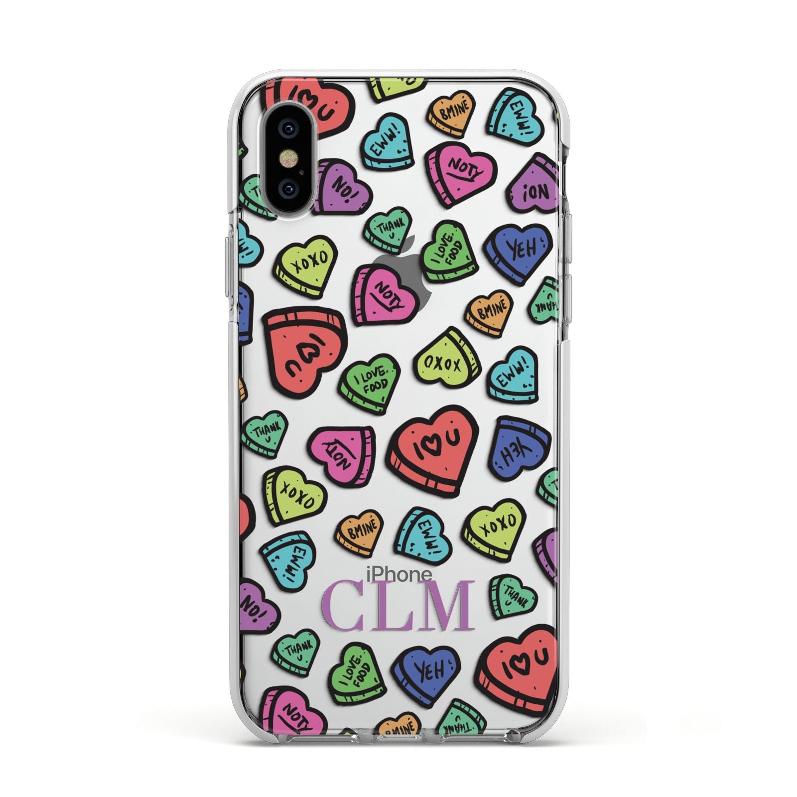 Personalised Love Hearts Initials Apple iPhone Xs Impact Case White Edge on Silver Phone