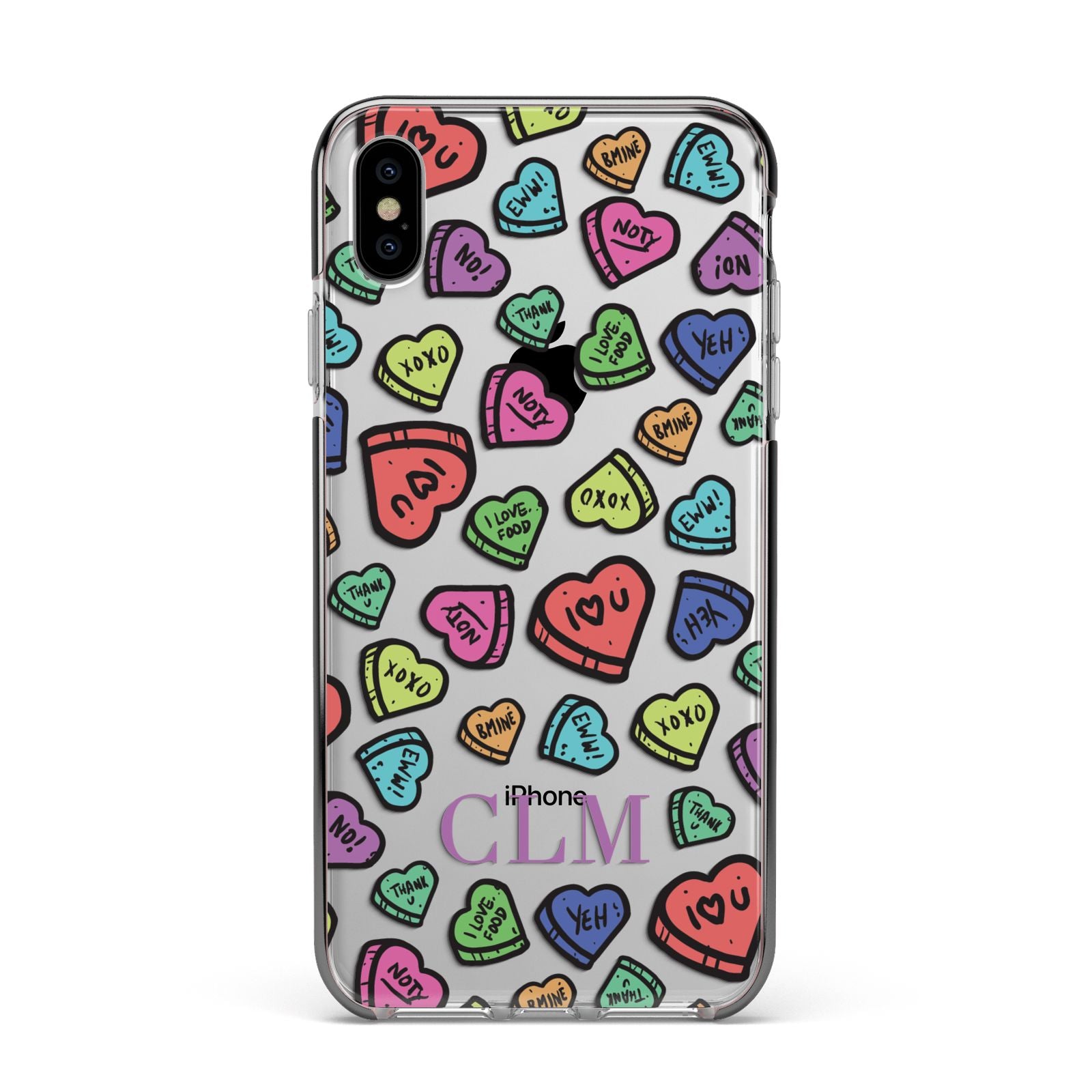 Personalised Love Hearts Initials Apple iPhone Xs Max Impact Case Black Edge on Silver Phone