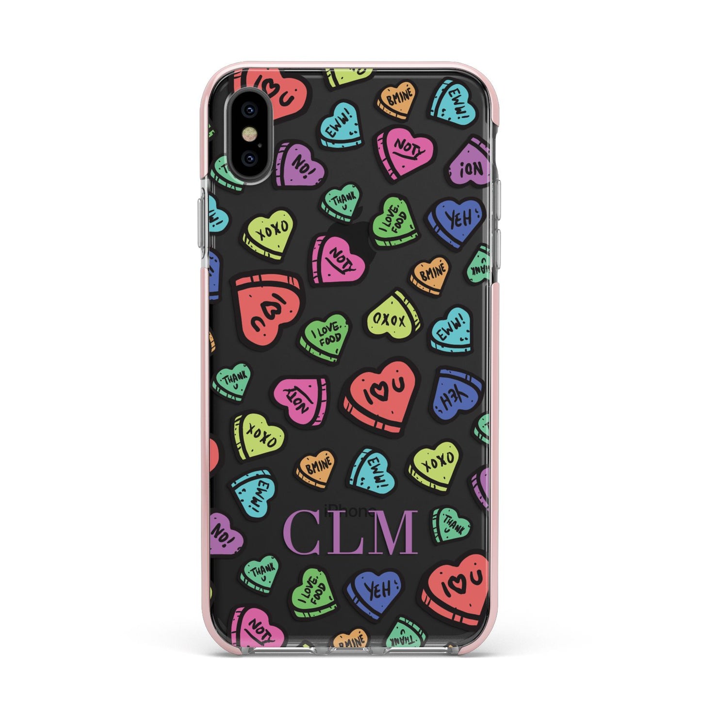Personalised Love Hearts Initials Apple iPhone Xs Max Impact Case Pink Edge on Black Phone