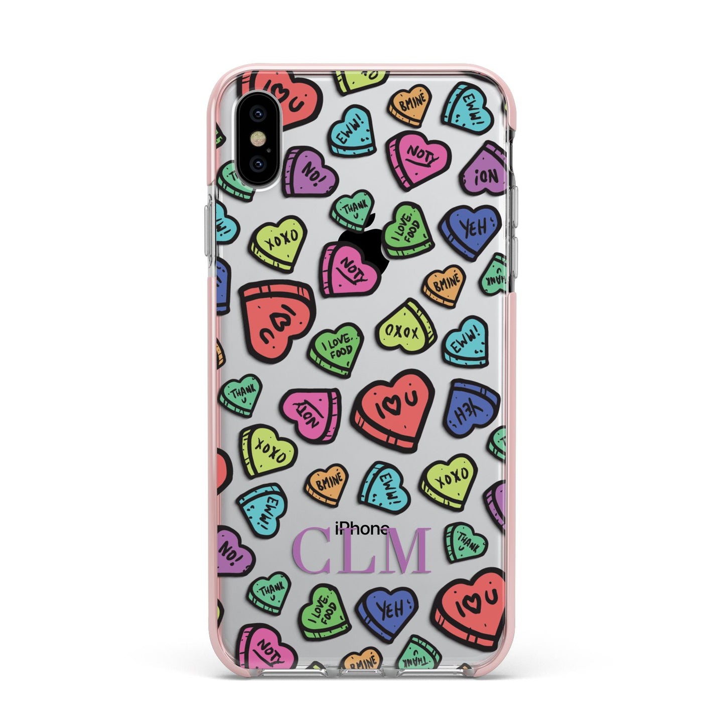 Personalised Love Hearts Initials Apple iPhone Xs Max Impact Case Pink Edge on Silver Phone