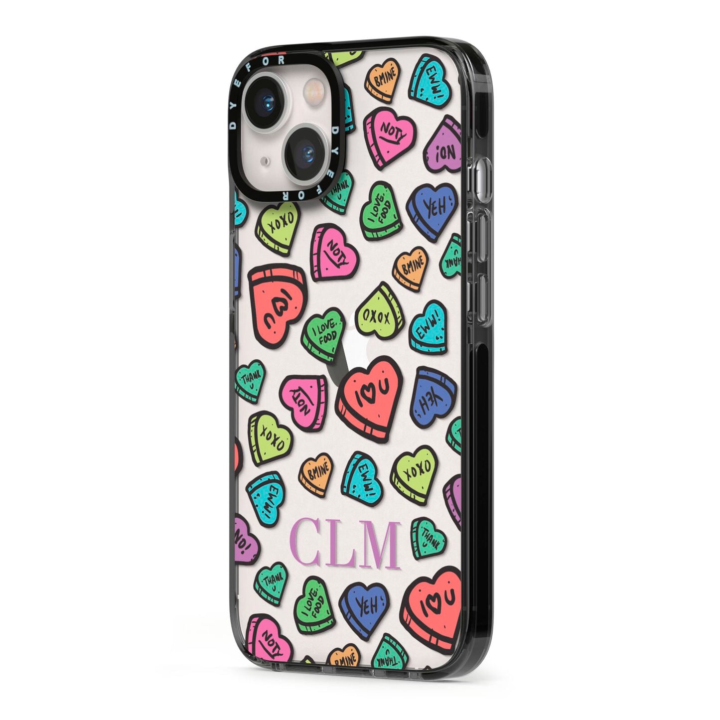 Personalised Love Hearts Initials iPhone 13 Black Impact Case Side Angle on Silver phone