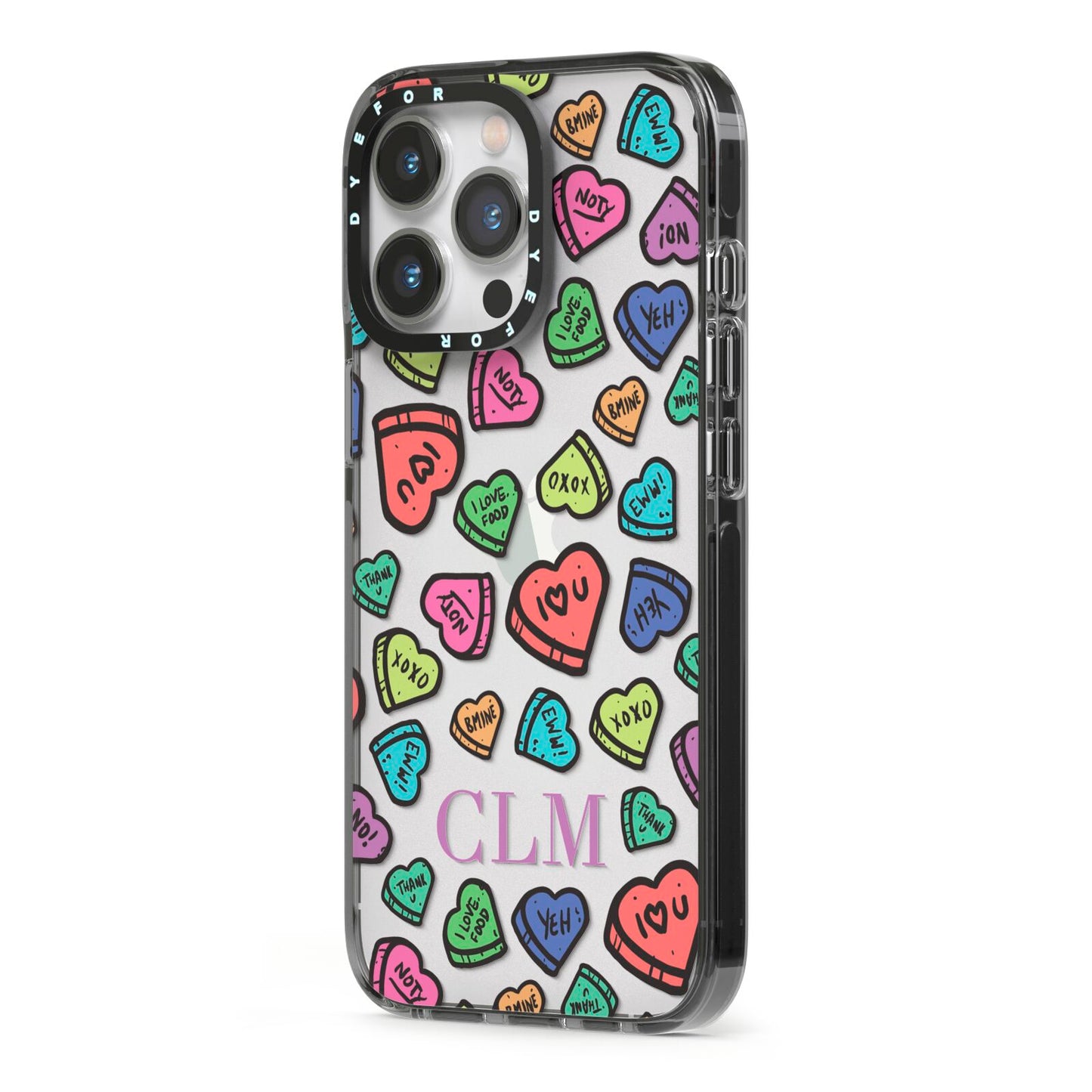 Personalised Love Hearts Initials iPhone 13 Pro Black Impact Case Side Angle on Silver phone
